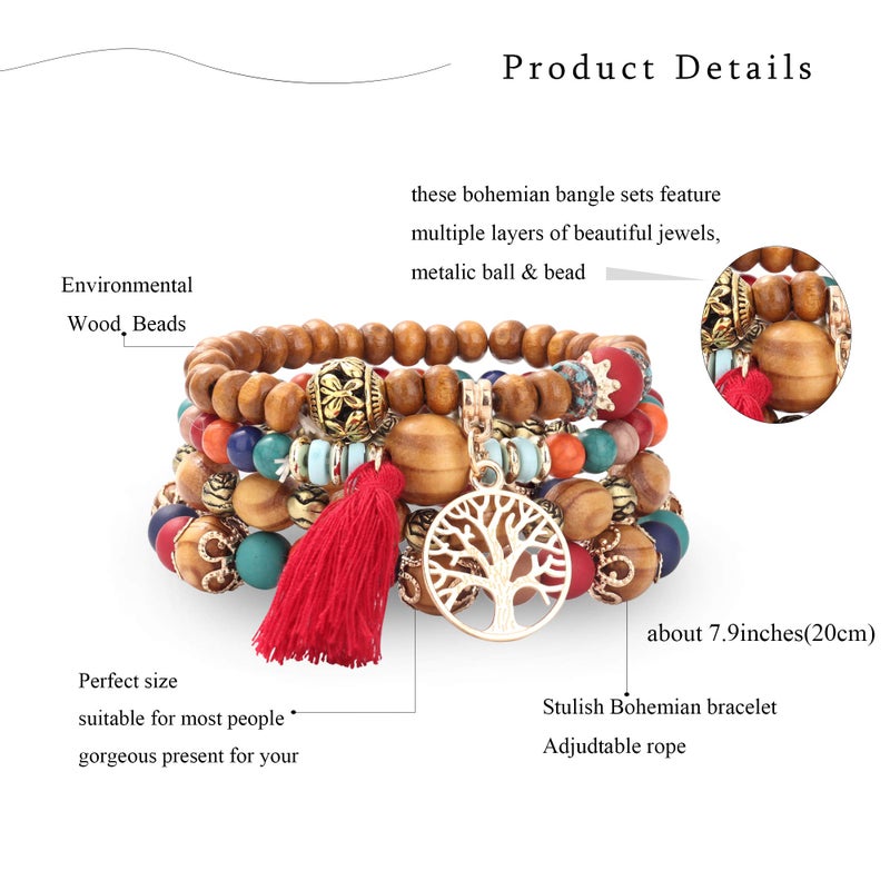 LOYALLOOK 8 Sets Bohemian Stackable Bead Bracelets for Women Stretch Multilayered Boho Stackable Bracelets Stack Beads Multicolor Beaded Strand Bangle Charm Bracelets Boho Tassel Bracelet Set Handmade - Image 3